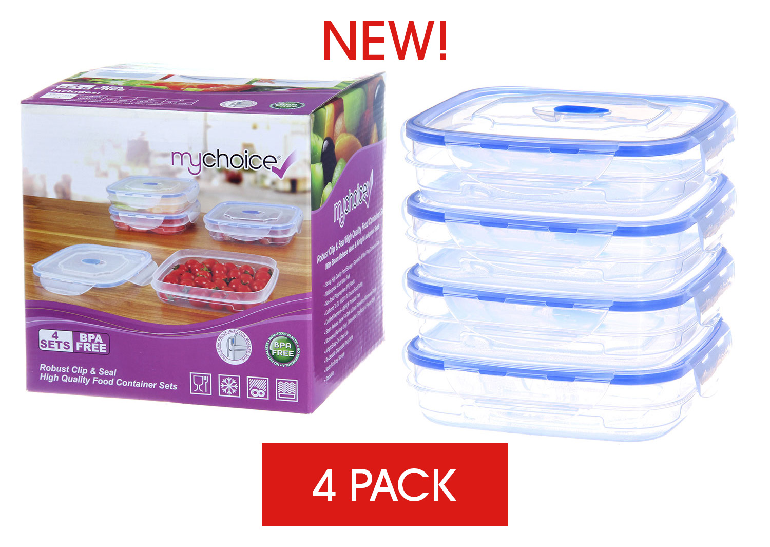 Mychoice Clip And Seal Strong High Quality Food Storage Meal Prep Containers 4 Sets